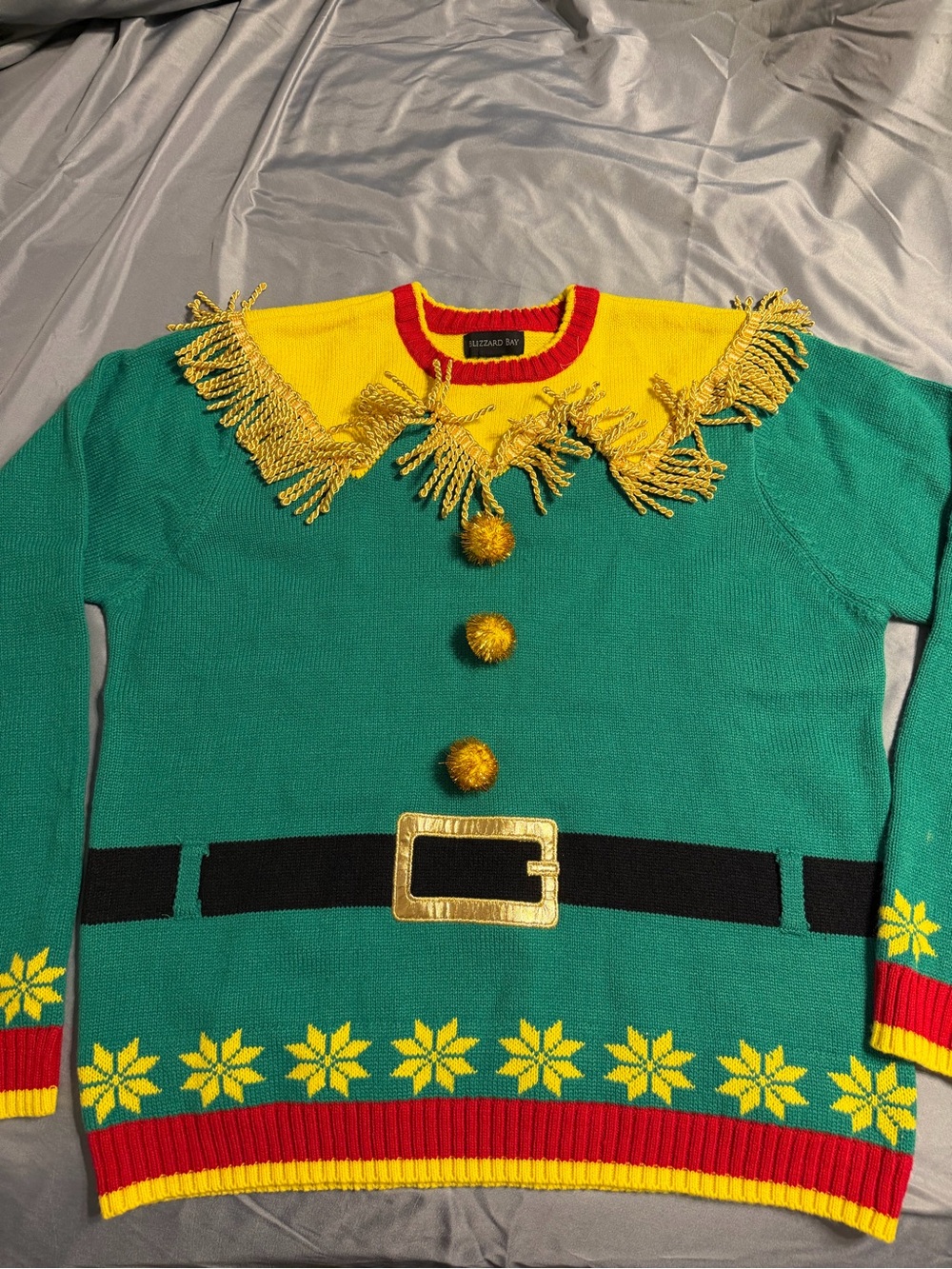 Blizzard Bay Novelty Green Holiday Elf Sweater with Yellow Trim
